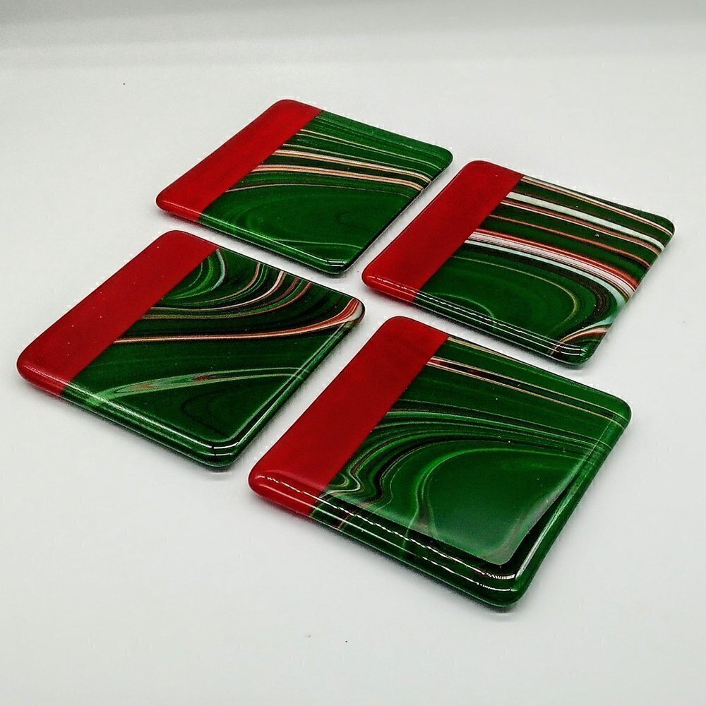 Red Green Cased Square Glass Coasters (4)